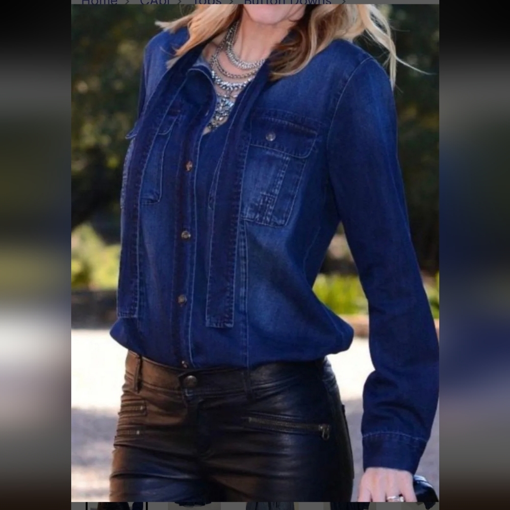 CAbi Blue Bow Button Down Long Sleeve Denim Waterfront Blouse